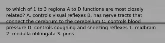 to which of 1 to 3 regions A to D functions are most closely related? A. controls visual reflexes B. has nerve tracts that connect the cerebrum to the cerebellum C. controls blood pressure D. controls coughing and sneezing reflexes 1. midbrain 2. medulla oblongata 3. pons