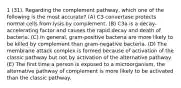 1 (31). Regarding the complement pathway, which one of the following is the most accurate? (A) C3 convertase protects normal cells from lysis by complement. (B) C3a is a decay-accelerating factor and causes the rapid decay and death of bacteria. (C) In general, gram-positive bacteria are more likely to be killed by complement than gram-negative bacteria. (D) The membrane attack complex is formed because of activation of the classic pathway but not by activation of the alternative pathway. (E) The first time a person is exposed to a microorganism, the alternative pathway of complement is more likely to be activated than the classic pathway.