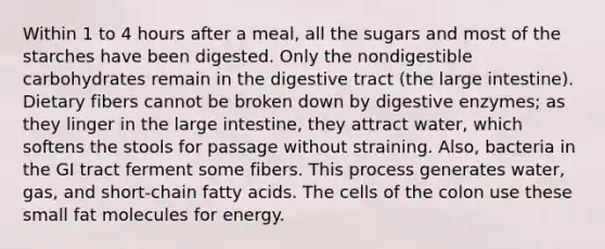 Within 1 to 4 hours after a meal, all the sugars and most of the starches have been digested. Only the nondigestible carbohydrates remain in the digestive tract (the large intestine). Dietary fibers cannot be broken down by digestive enzymes; as they linger in the large intestine, they attract water, which softens the stools for passage without straining. Also, bacteria in the GI tract ferment some fibers. This process generates water, gas, and short-chain fatty acids. The cells of the colon use these small fat molecules for energy.