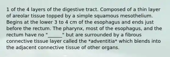 1 of the 4 layers of the digestive tract. Composed of a thin layer of areolar tissue topped by a simple squamous mesothelium. Begins at the lower 3 to 4 cm of the esophagus and ends just before the rectum. The pharynx, most of the esophagus, and the rectum have no "______" but are surrounded by a fibrous connective tissue layer called the *adventitia* which blends into the adjacent connective tissue of other organs.