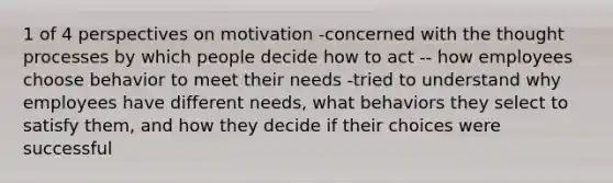 1 of 4 perspectives on motivation -concerned with the thought processes by which people decide how to act -- how employees choose behavior to meet their needs -tried to understand why employees have different needs, what behaviors they select to satisfy them, and how they decide if their choices were successful