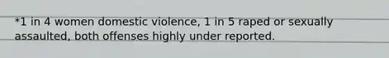 *1 in 4 women domestic violence, 1 in 5 raped or sexually assaulted, both offenses highly under reported.