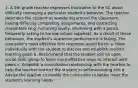 1. A 5th grade teacher expresses frustration to the SC about difficulty managing a particular student's behavior. The teacher describes the student as wandering around the classroom, having difficulty completing assignments, and distracting classmates (e.g. humming loudly, drumming with a pencil, frequently asking to borrow school supplies). As a result of these behaviors, the student's academic performance is failing. The counselor's most effective first response would be to: a. Meet individually with the student to discuss and establish realistic learning goals b. Recommend that the student join an open social skills group to learn more effective ways to interact with peers c. Establish a consultation relationship with the teacher to help the teacher instruct the student in self-monitoring sills d. Advise the teacher to modify the curriculum to better meet the student's learning needs