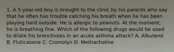 1. A 5-year-old boy is brought to the clinic by his parents who say that he often has trouble catching his breath when he has been playing hard outside. He is allergic to peanuts. At the moment, he is breathing fine. Which of the following drugs would be used to dilate his bronchioles in an acute asthma attack? A. Albuterol B. Fluticasone C. Cromolyn D. Methacholine