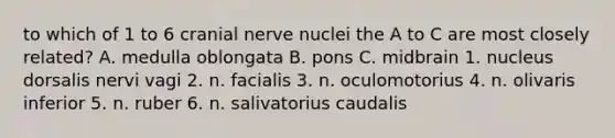 to which of 1 to 6 cranial nerve nuclei the A to C are most closely related? A. medulla oblongata B. pons C. midbrain 1. nucleus dorsalis nervi vagi 2. n. facialis 3. n. oculomotorius 4. n. olivaris inferior 5. n. ruber 6. n. salivatorius caudalis