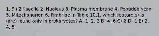 1. 9+2 flagella 2. Nucleus 3. Plasma membrane 4. Peptidoglycan 5. Mitochondrion 6. Fimbriae In Table 10.1, which feature(s) is (are) found only in prokaryotes? A) 1, 2, 3 B) 4, 6 C) 2 D) 1 E) 2, 4, 5