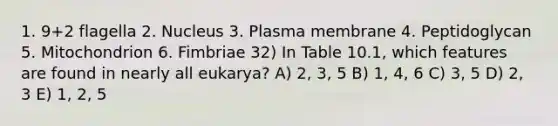 1. 9+2 flagella 2. Nucleus 3. Plasma membrane 4. Peptidoglycan 5. Mitochondrion 6. Fimbriae 32) In Table 10.1, which features are found in nearly all eukarya? A) 2, 3, 5 B) 1, 4, 6 C) 3, 5 D) 2, 3 E) 1, 2, 5