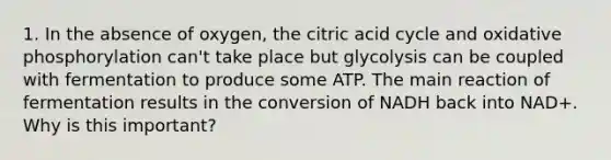 1. In the absence of oxygen, the citric acid cycle and oxidative phosphorylation can't take place but glycolysis can be coupled with fermentation to produce some ATP. The main reaction of fermentation results in the conversion of NADH back into NAD+. Why is this important?