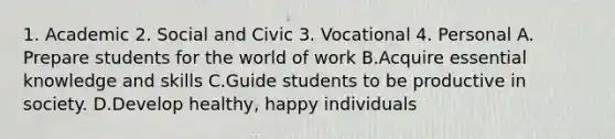 1. Academic 2. Social and Civic 3. Vocational 4. Personal A. Prepare students for the world of work B.Acquire essential knowledge and skills C.Guide students to be productive in society. D.Develop healthy, happy individuals