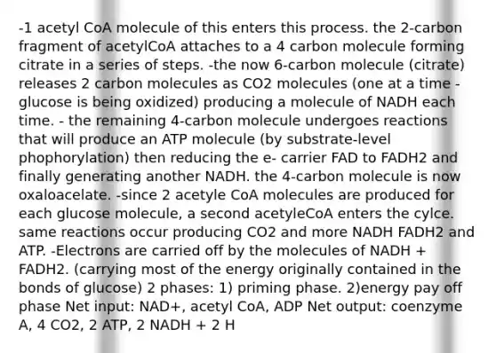 -1 acetyl CoA molecule of this enters this process. the 2-carbon fragment of acetylCoA attaches to a 4 carbon molecule forming citrate in a series of steps. -the now 6-carbon molecule (citrate) releases 2 carbon molecules as CO2 molecules (one at a time - glucose is being oxidized) producing a molecule of NADH each time. - the remaining 4-carbon molecule undergoes reactions that will produce an ATP molecule (by substrate-level phophorylation) then reducing the e- carrier FAD to FADH2 and finally generating another NADH. the 4-carbon molecule is now oxaloacelate. -since 2 acetyle CoA molecules are produced for each glucose molecule, a second acetyleCoA enters the cylce. same reactions occur producing CO2 and more NADH FADH2 and ATP. -Electrons are carried off by the molecules of NADH + FADH2. (carrying most of the energy originally contained in the bonds of glucose) 2 phases: 1) priming phase. 2)energy pay off phase Net input: NAD+, acetyl CoA, ADP Net output: coenzyme A, 4 CO2, 2 ATP, 2 NADH + 2 H