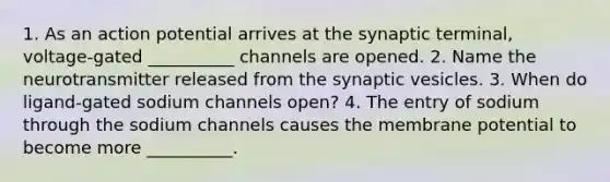 1. As an action potential arrives at the synaptic terminal, voltage-gated __________ channels are opened. 2. Name the neurotransmitter released from the synaptic vesicles. 3. When do ligand-gated sodium channels open? 4. The entry of sodium through the sodium channels causes the membrane potential to become more __________.