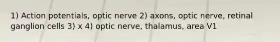 1) Action potentials, optic nerve 2) axons, optic nerve, retinal ganglion cells 3) x 4) optic nerve, thalamus, area V1