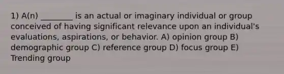 1) A(n) ________ is an actual or imaginary individual or group conceived of having significant relevance upon an individual's evaluations, aspirations, or behavior. A) opinion group B) demographic group C) reference group D) focus group E) Trending group