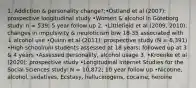 1. Addiction & personality change?;•Östland et al (2007): prospective longitudinal study •Women & alcohol in Göteborg study: n = 539; 5 year follow up 2. •Littlefield et al (2009, 2010): changes in impulsivity & neuroticism b/w 18-35 associated with ↓ alcohol use •Quinn et al (2011): prospective study (N = 6,391) •High school/uni students assessed at 18 years; followed up at 3 & 4 years •Assessed personality, alcohol usage 3. •Kroenke et al (2020): prospective study •Longitudinal Internet Studies for the Social Sciences study: N = 10,872; 10 year follow up •Nicotine, alcohol, sedatives, Ecstasy, hallucinogens, cocaine, heroine