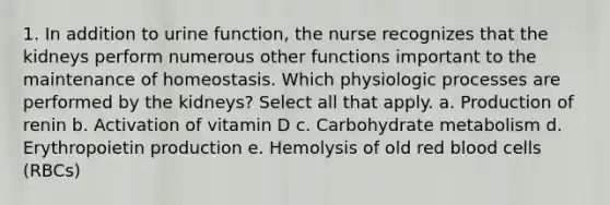 1. In addition to urine function, the nurse recognizes that the kidneys perform numerous other functions important to the maintenance of homeostasis. Which physiologic processes are performed by the kidneys? Select all that apply. a. Production of renin b. Activation of vitamin D c. Carbohydrate metabolism d. Erythropoietin production e. Hemolysis of old red blood cells (RBCs)