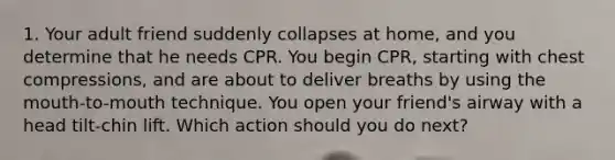 1. Your adult friend suddenly collapses at home, and you determine that he needs CPR. You begin CPR, starting with chest compressions, and are about to deliver breaths by using the mouth-to-mouth technique. You open your friend's airway with a head tilt-chin lift. Which action should you do next?