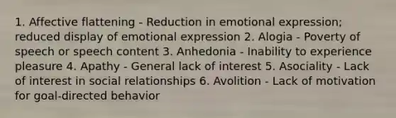 1. Affective flattening - Reduction in emotional expression; reduced display of emotional expression 2. Alogia - Poverty of speech or speech content 3. Anhedonia - Inability to experience pleasure 4. Apathy - General lack of interest 5. Asociality - Lack of interest in social relationships 6. Avolition - Lack of motivation for goal-directed behavior