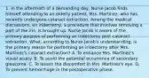 1. In the aftermath of a demanding day, Nurse Jacob finds himself attending to an elderly patient, Mrs. Martinez, who has recently undergone cataract extraction. Among the medical discussions, an iridectomy, a procedure that involves removing a part of the iris, is brought up. Nurse Jacob is aware of the primary purpose of performing an iridectomy post-cataract extraction. What, according to Nurse Jacob's understanding, is the primary reason for performing an iridectomy after Mrs. Martinez's cataract extraction? A. To enhance Mrs. Martinez's visual acuity. B. To avoid the potential occurrence of secondary glaucoma. C. To lessen the discomfort in Mrs. Martinez's eye. D. To prevent hemorrhage in the postoperative phase.