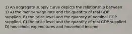 1) An aggregate supply curve depicts the relationship between 1) A) the money wage rate and the quantity of real GDP supplied. B) the price level and the quantity of nominal GDP supplied. C) the price level and the quantity of real GDP supplied. D) household expenditures and household income