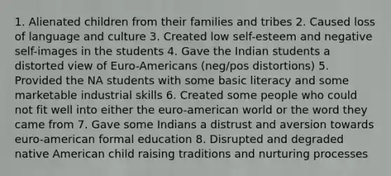 1. Alienated children from their families and tribes 2. Caused loss of language and culture 3. Created low self-esteem and negative self-images in the students 4. Gave the Indian students a distorted view of Euro-Americans (neg/pos distortions) 5. Provided the NA students with some basic literacy and some marketable industrial skills 6. Created some people who could not fit well into either the euro-american world or the word they came from 7. Gave some Indians a distrust and aversion towards euro-american formal education 8. Disrupted and degraded native American child raising traditions and nurturing processes