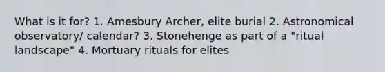 What is it for? 1. Amesbury Archer, elite burial 2. Astronomical observatory/ calendar? 3. Stonehenge as part of a "ritual landscape" 4. Mortuary rituals for elites