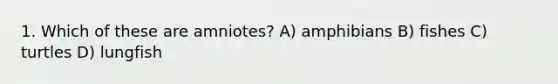 1. Which of these are amniotes? A) amphibians B) fishes C) turtles D) lungfish