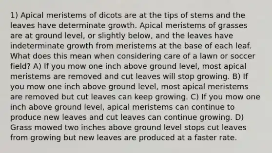 1) Apical meristems of dicots are at the tips of stems and the leaves have determinate growth. Apical meristems of grasses are at ground level, or slightly below, and the leaves have indeterminate growth from meristems at the base of each leaf. What does this mean when considering care of a lawn or soccer field? A) If you mow one inch above ground level, most apical meristems are removed and cut leaves will stop growing. B) If you mow one inch above ground level, most apical meristems are removed but cut leaves can keep growing. C) If you mow one inch above ground level, apical meristems can continue to produce new leaves and cut leaves can continue growing. D) Grass mowed two inches above ground level stops cut leaves from growing but new leaves are produced at a faster rate.