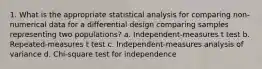 1. What is the appropriate statistical analysis for comparing non-numerical data for a differential design comparing samples representing two populations? a. Independent-measures t test b. Repeated-measures t test c. Independent-measures analysis of variance d. Chi-square test for independence