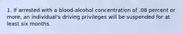 1. If arrested with a blood-alcohol concentration of .08 percent or more, an individual's driving privileges will be suspended for at least six months.