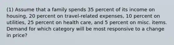 (1) Assume that a family spends 35 percent of its income on housing, 20 percent on travel-related expenses, 10 percent on utilities, 25 percent on health care, and 5 percent on misc. items. Demand for which category will be most responsive to a change in price?