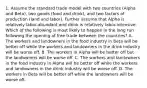 1. Assume the standard trade model with two countries (Alpha and Beta), two goods (food and drink), and two factors of production (land and labor). Further assume that Alpha is relatively labor-abundant and drink is relatively labor-intensive. Which of the following is most likely to happen in the long run following the opening of free trade between the countries? A. The workers and landowners in the food industry in Beta will be better off while the workers and landowners in the drink industry will be worse off. B. The workers in Alpha will be better off but the landowners will be worse off. C. The workers and landowners in the food industry in Alpha will be better off while the workers and landowners in the drink industry will be worse off. D. The workers in Beta will be better off while the landowners will be worse off.