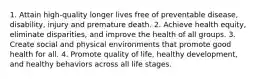 1. Attain high-quality longer lives free of preventable disease, disability, injury and premature death. 2. Achieve health equity, eliminate disparities, and improve the health of all groups. 3. Create social and physical environments that promote good health for all. 4. Promote quality of life, healthy development, and healthy behaviors across all life stages.