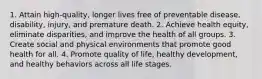 1. Attain high-quality, longer lives free of preventable disease, disability, injury, and premature death. 2. Achieve health equity, eliminate disparities, and improve the health of all groups. 3. Create social and physical environments that promote good health for all. 4. Promote quality of life, healthy development, and healthy behaviors across all life stages.