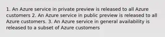 1. An Azure service in private preview is released to all Azure customers 2. An Azure service in public preview is released to all Azure customers. 3. An Azure service in general availability is released to a subset of Azure customers