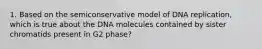 1. Based on the semiconservative model of DNA replication, which is true about the DNA molecules contained by sister chromatids present in G2 phase?