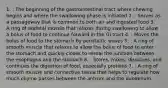 1. : The beginning of the gastrointestinal tract where chewing begins and where the swallowing phase is initiated 2. : Serves as a passageway that is common to both air and ingested food 3. : A ring of skeletal muscle that relaxes during swallowing to allow a bolus of food to continue forward in the GI tract 4. : Moves the bolus of food to the stomach by peristaltic waves 5. : A ring of smooth muscle that relaxes to allow the bolus of food to enter the stomach and quickly closes to reseal the junction between the esophagus and the stomach 6. : Stores, mixes, dissolves, and continues the digestion of food, especially proteins 7. : A ring of smooth muscle and connective tissue that helps to regulate how much chyme passes between the antrum and the duodenum