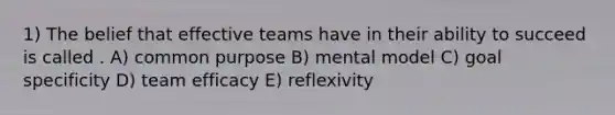 1) The belief that effective teams have in their ability to succeed is called . A) common purpose B) mental model C) goal specificity D) team efficacy E) reflexivity