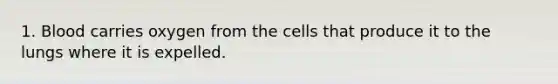 1. Blood carries oxygen from the cells that produce it to the lungs where it is expelled.