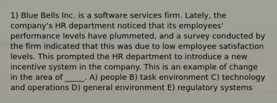 1) Blue Bells Inc. is a software services firm. Lately, the company's HR department noticed that its employees' performance levels have plummeted, and a survey conducted by the firm indicated that this was due to low employee satisfaction levels. This prompted the HR department to introduce a new incentive system in the company. This is an example of change in the area of _____. A) people B) task environment C) technology and operations D) general environment E) regulatory systems