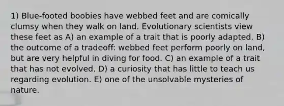 1) Blue-footed boobies have webbed feet and are comically clumsy when they walk on land. Evolutionary scientists view these feet as A) an example of a trait that is poorly adapted. B) the outcome of a tradeoff: webbed feet perform poorly on land, but are very helpful in diving for food. C) an example of a trait that has not evolved. D) a curiosity that has little to teach us regarding evolution. E) one of the unsolvable mysteries of nature.