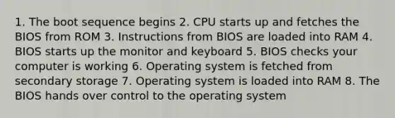 1. The boot sequence begins 2. CPU starts up and fetches the BIOS from ROM 3. Instructions from BIOS are loaded into RAM 4. BIOS starts up the monitor and keyboard 5. BIOS checks your computer is working 6. Operating system is fetched from secondary storage 7. Operating system is loaded into RAM 8. The BIOS hands over control to the operating system