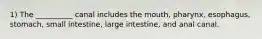 1) The __________ canal includes the mouth, pharynx, esophagus, stomach, small intestine, large intestine, and anal canal.