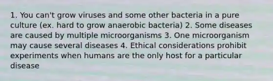 1. You can't grow viruses and some other bacteria in a pure culture (ex. hard to grow anaerobic bacteria) 2. Some diseases are caused by multiple microorganisms 3. One microorganism may cause several diseases 4. Ethical considerations prohibit experiments when humans are the only host for a particular disease