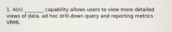 1. A(n) ________ capability allows users to view more detailed views of data. ad hoc drill-down query and reporting metrics VRML