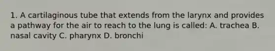 1. A cartilaginous tube that extends from the larynx and provides a pathway for the air to reach to the lung is called: A. trachea B. nasal cavity C. pharynx D. bronchi