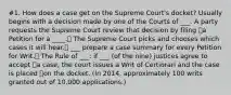 #1. How does a case get on the Supreme Court's docket? Usually begins with a decision made by one of the Courts of ___. A party requests the Supreme Court review that decision by filing a Petition for a ____. The Supreme Court picks and chooses which cases it will hear. ___ prepare a case summary for every Petition for Writ. The Rule of ___: if ___ (of the nine) justices agree to accept a case, the court issues a Writ of Certiorari and the case is placed on the docket. (In 2014, approximately 100 writs granted out of 10,000 applications.)