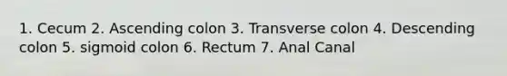 1. Cecum 2. Ascending colon 3. Transverse colon 4. Descending colon 5. sigmoid colon 6. Rectum 7. Anal Canal