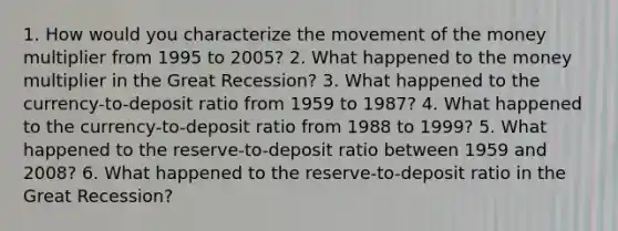 1. How would you characterize the movement of the money multiplier from 1995 to​ 2005? 2. What happened to the money multiplier in the Great​ Recession? 3. What happened to the​ currency-to-deposit ratio from 1959 to​ 1987? 4. What happened to the​ currency-to-deposit ratio from 1988 to​ 1999? 5. What happened to the​ reserve-to-deposit ratio between 1959 and​ 2008? 6. What happened to the​ reserve-to-deposit ratio in the Great​ Recession?