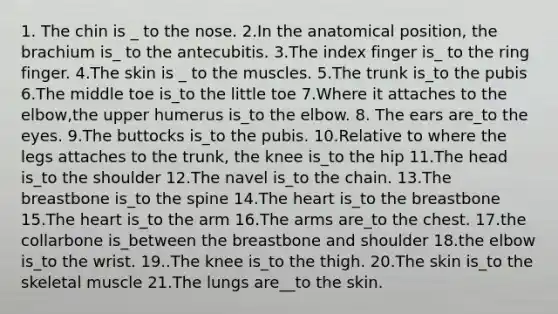 1. The chin is _ to the nose. 2.In the anatomical position, the brachium is_ to the antecubitis. 3.The index finger is_ to the ring finger. 4.The skin is _ to the muscles. 5.The trunk is_to the pubis 6.The middle toe is_to the little toe 7.Where it attaches to the elbow,the upper humerus is_to the elbow. 8. The ears are_to the eyes. 9.The buttocks is_to the pubis. 10.Relative to where the legs attaches to the trunk, the knee is_to the hip 11.The head is_to the shoulder 12.The navel is_to the chain. 13.The breastbone is_to the spine 14.The heart is_to the breastbone 15.The heart is_to the arm 16.The arms are_to the chest. 17.the collarbone is_between the breastbone and shoulder 18.the elbow is_to the wrist. 19..The knee is_to the thigh. 20.The skin is_to the skeletal muscle 21.The lungs are__to the skin.