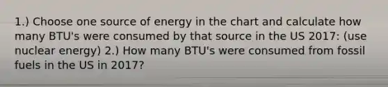 1.) Choose one source of energy in the chart and calculate how many BTU's were consumed by that source in the US 2017: (use nuclear energy) 2.) How many BTU's were consumed from fossil fuels in the US in 2017?